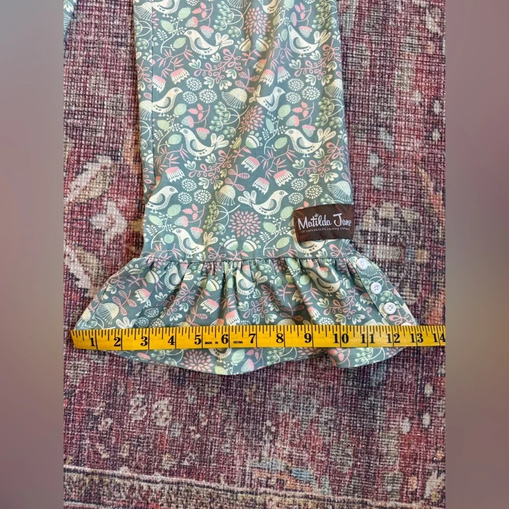 Matilda Jane Girls 12 Big Ruffled Hem Floral & Bird pattern Pants Mint & Pastel